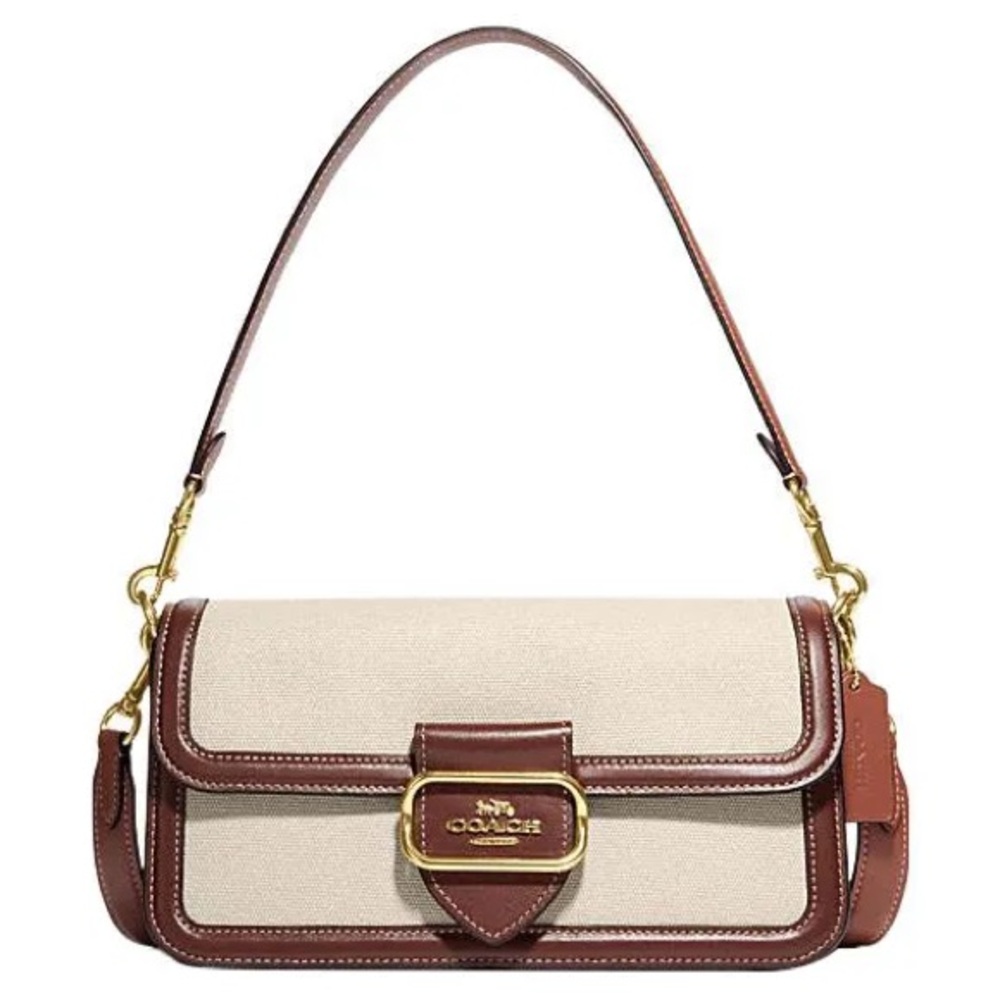 Coach Brown and Cream Shoulder Bag with Gold Clasp